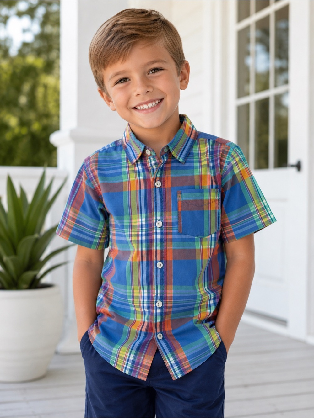 Crazy 8 Boys Plaid Button Down Shirt Short Sleeve Cotton Multicolor Blue S 5/6